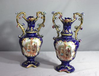 Pair Of Rococo Cobalt Blue Porcelain Urn Vases