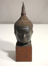 Vintage Bronze Thai Buddha Head Sculpture On Wooden Base