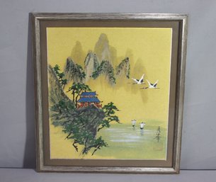 Pagoda, Swans, And Pond Japanese Original Painting On Silk Panel, Signature LR