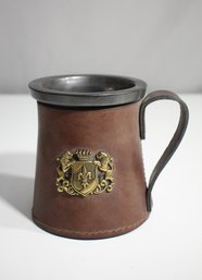 Vintage Leather-Wrapped Pewter Mug With Crest Emblem