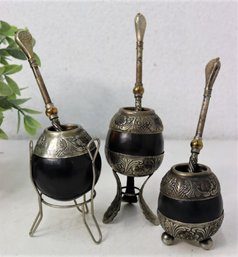 Group Of 3 Yerba Mate Porongo Gourd Cups With Bombillas