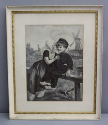 Vintage Framed Black & White Print Of Two Dutch Kids And A Windmill