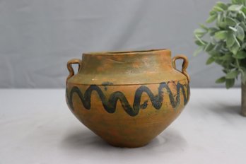 Ethnographic Stoneware Mottled  Vessel With 2 Ribbon Handle