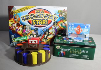 Mixed Lot: Be A Broadway Star Board Game, Texas Hold'em Poker Set, And Playing Cards