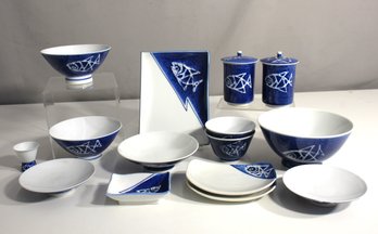 Blue & White Fish Motif Dinnerware Set