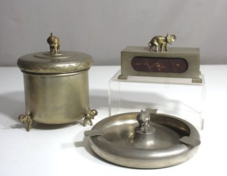 Vintage Elephant-Themed Brass Smoking Set: Ashtray, Match Holder, And Lidded Box