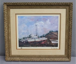 Legendary Disney Artist Jay Gould Framed Lithograph Of Boats At Harbor, Signature And Mark On Matte