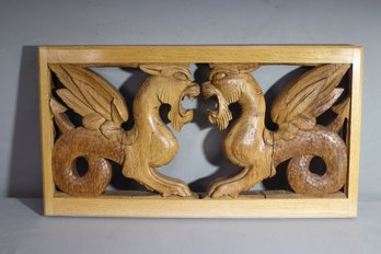 Double Dueling Daring Dragons Wood Carving Wall Piece