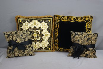 Group Of 4 Black & Gold Floral Rococo & Moroccan Abstract-Patterned Throw Pillows