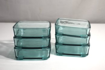 'Vintage Set Of 6 Blue Green Glass Serving Dishes For Trivet Trays, Square Glass Bowls