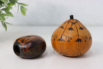 Pair Of Souvenir Carved Gourds From Uruguay
