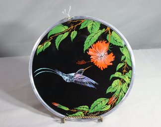 Round  Wall Art, Reverse Painted Glass Of A Hummingbird
