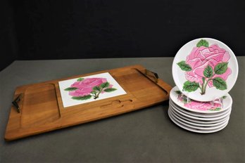 Rose Embossed Italian Faenza Plates With Wood Cheese Tray - For Saks