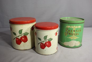 Set Of 2 Vintage Farmhouse Canisters And Bremner Wafers Tin