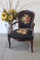 Louis XVI Style Floral Cross-Stich Embroidered  And Walnut Arm Chair