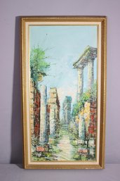 Framed Original Oil On Canvas Board Greco/Roman Columns & Gardens