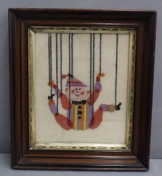 Vintage Cross Stitch Clown Puppet Strings, Completed And Framed