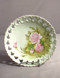 Elegant Vintage Lefton Heritage Green Compote Bowl With Rose Detail And Gold Trim