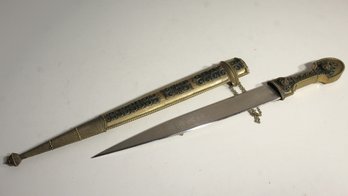 Vintage Ornate Brass Dagger With Intricate Scabbard