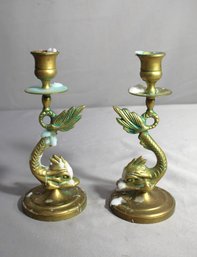 Vintage Brass Candlesticks Koi Fish Sea Serpent Dragon Dolphins