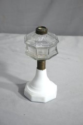 Antique Square Pane Clear Glass Oil Lamp On Milk Glass Base