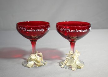 Pair Of Vintage Cranberry Glass 40th Anniversary Champagne Glasses