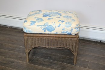 Rattan  Foot Stool With Blue & White Floral Cushion