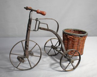 Antique Metal Tricycle Planter With Wicker Basket