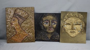 Group Lot Of 3 Sculptural Relief Panels Mixed Media On Wood