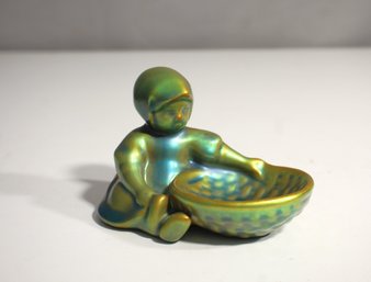 Zsolnay Eosin Glazed Ceramic Figurine Of A Child With Basket