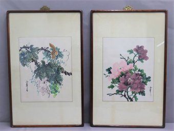 Pair Of Vintage Japanese Watercolors On Paper Depicting Nature - Signed & Framed