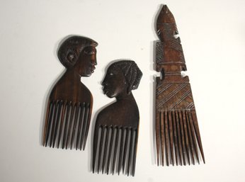 Set Of Three African Hand-Carved Wooden Combs