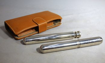 Stainless Flask And Cigar Case With Brown Leather Case