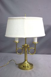 Vintage Twin Horn Arm Brass Bouillotte Lamp With Pleated Drum Shade