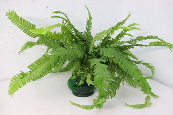 Vintage Emerald Green Glass Vase With Artificial Fern