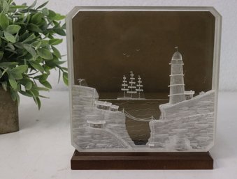 Etched And Cut Glass Seascape Glass Tile With Wood And Acrylic Stand