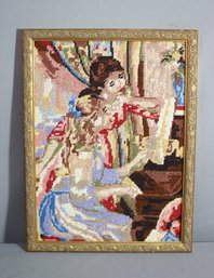 Vintage Framed Needlepoint After Renoir Girls At The Piano