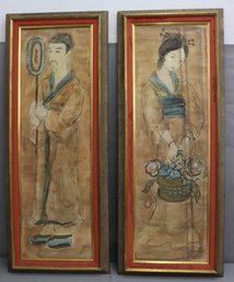 Two Vintage Japanese Painted Silk  Panels, Framed