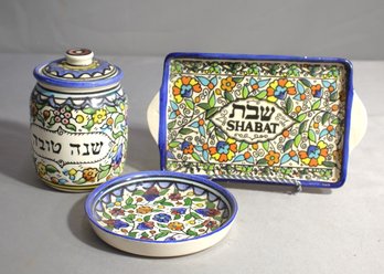 'Shabbat Delight' - Hand-Painted Armenian Ceramic Honey Dish Set With Matching Trays