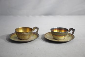 Pair Of Vintage Silver-Plated Teacups And Saucers With Engraved Detailing