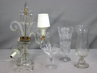 Group Lot Of Vintage Glass Crystal - Vases, Compote, And Pendant Chandelier