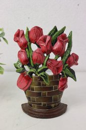 Cold Painted Cast Iron Red Roses In A Pot Door Stop