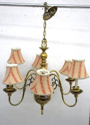 Vintage Six-Light Brass Chandelier With Striped Fabric Shades