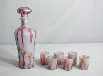 Mid-Century Ilanit Olamtov Jerusalem Pink Art Glass Decanter & Glasses, 7 Pcs