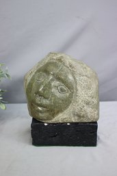 Modernist Head Green Soapstone Sculpture On Black Base  Signed Cariota