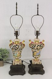 A Pair Of Vintage Capodimonte Porcelain Pierced Urn Vase Lamps On Double Deck Tessellated Metal  Base