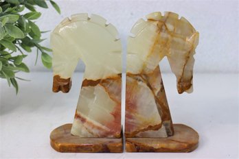 2 Of 2: Vintage Marbled Onyx Trojan Horse Head Bookends