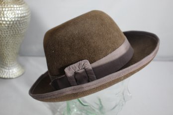 Elegant Ladies' Brown Bowler Hat With Ribbon And Bow Detail