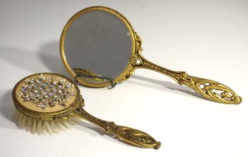 Vintage Ornate Brass Hand Mirror And Brush Set With Jeweled Design