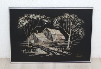Vintage Oil And Mixed Media Farmhouse Landscape On Black Velvet, Signed Jacob
